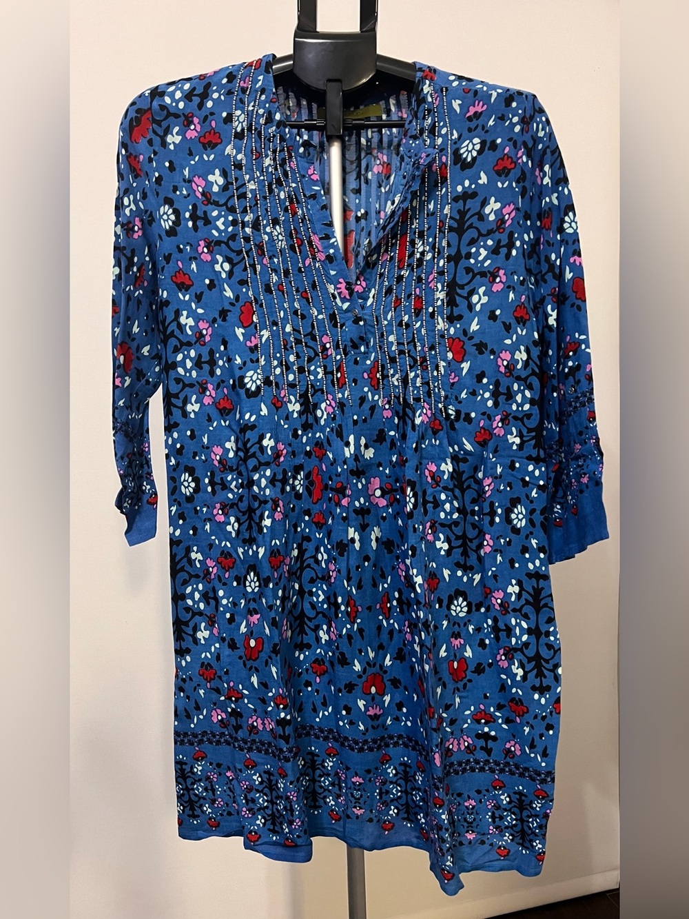 Rapsodia Argentina - Blue Floral Beaded Tunic Dress L Boho Made in India